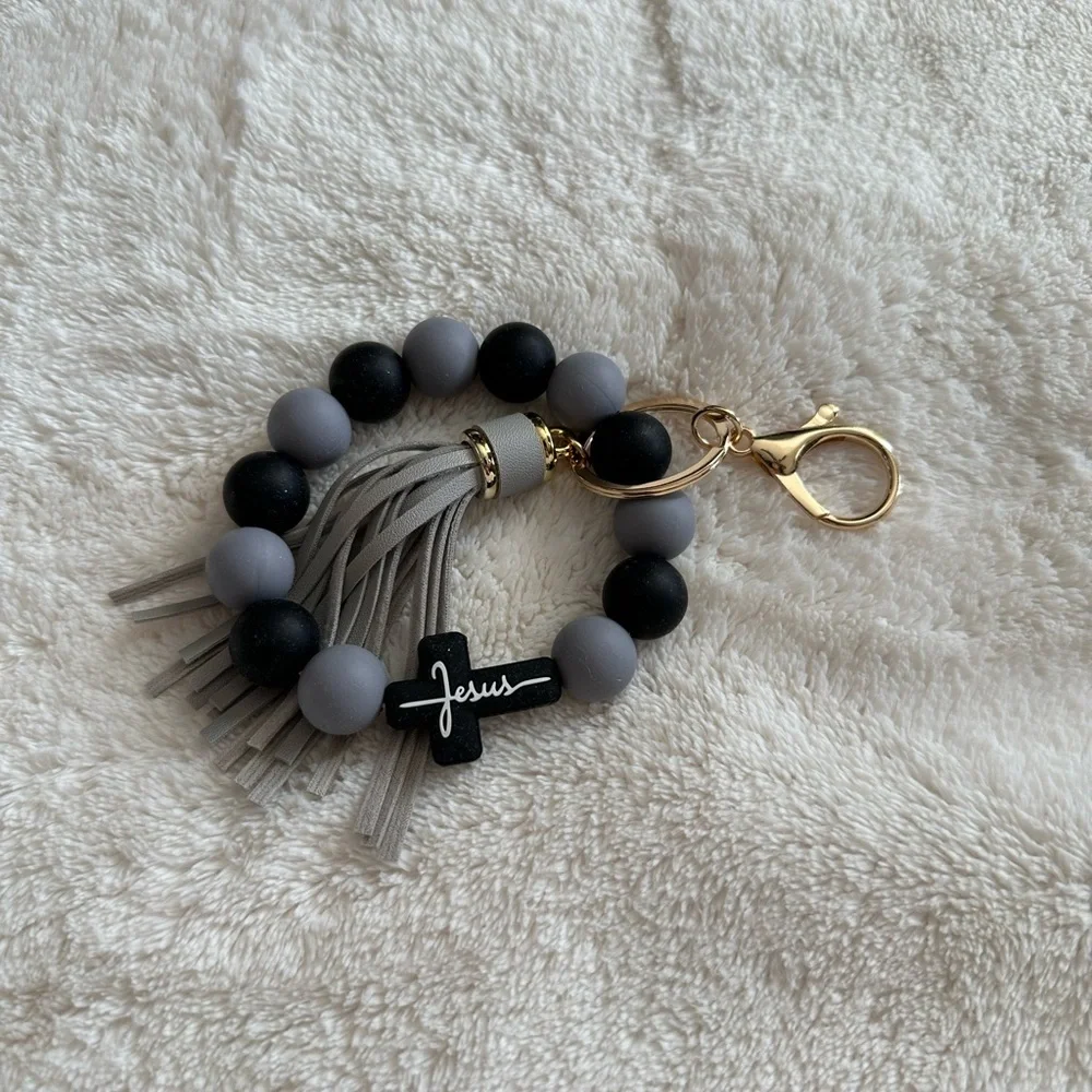 Wristlet Keychain Jesus Cross Tassel Black & Gray Beaded Keychain Bracelet NWT